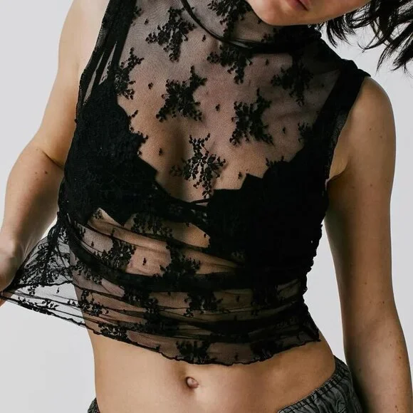 Women Lace Mesh Crop Top Sleeveless Sheer Floral Mock Neck Slim Fit - Picture 3 of 8